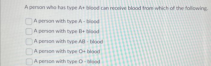 Solved A person who has type A+ blood can receive blood from | Chegg.com