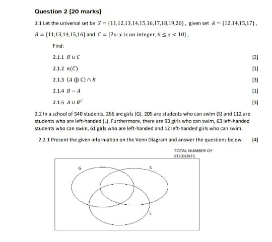 Solved Question 2 [20 marks] 2.1 Let the universal set be S | Chegg.com