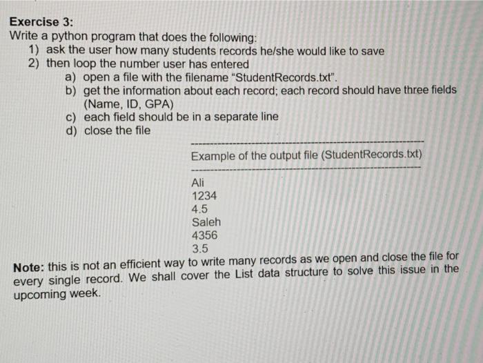 Solved Exercise 1: Write a python program that does the | Chegg.com