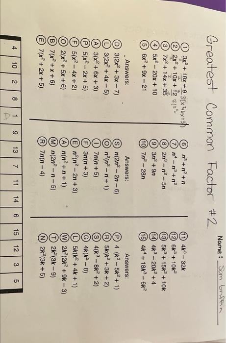Name: Som briffin Greatest Common Factor #2 2 3x + 18x +9 3[x3675 2x + 10x + 12 x 3 7x + 14x + 35 4 5x® - 20x + 10 6x2 + 9x -