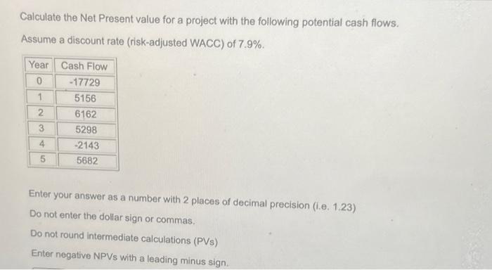 Solved Calculate the Net Present value for a project with | Chegg.com
