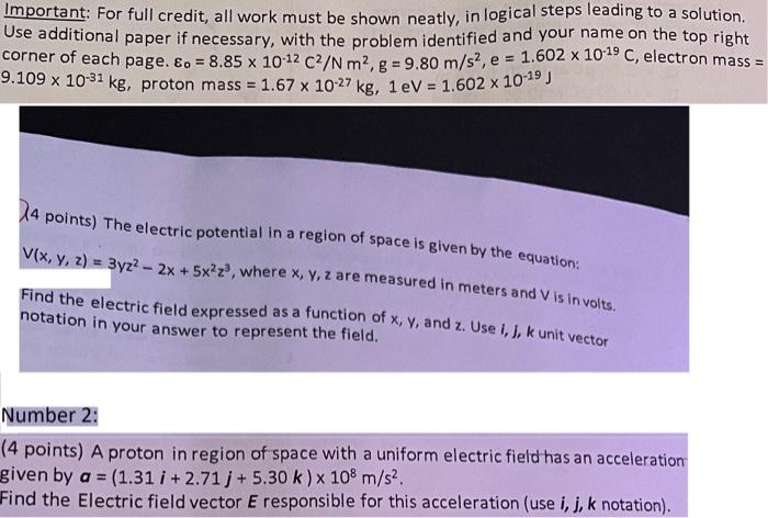 Solved Important: For full credit, all work must be shown | Chegg.com