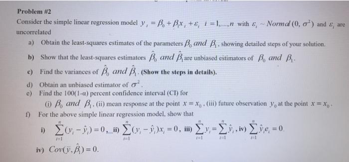 Solved Problem #2 Consider the simple linear regression | Chegg.com
