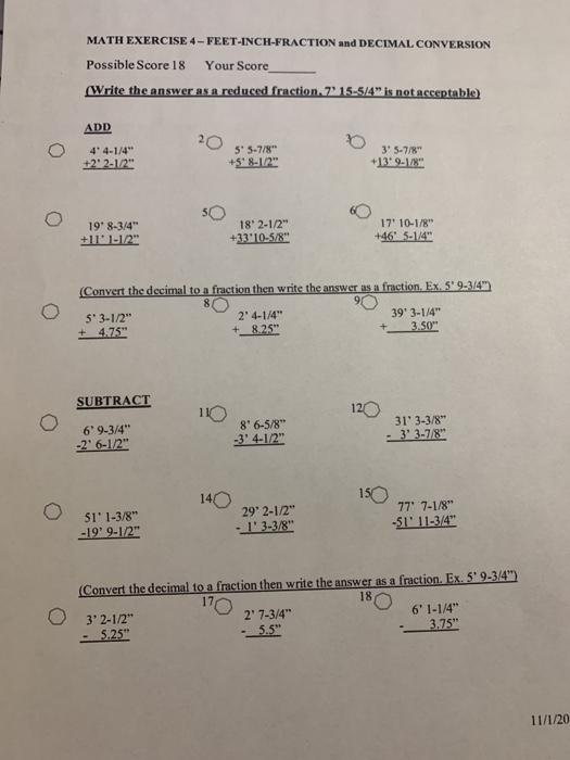 Math Exercise 4 Feet Inch Fraction And Decimal Chegg Com