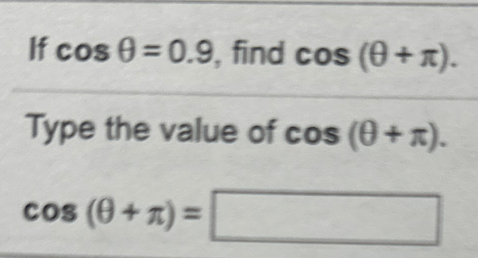 If cosθ=0.9, ﻿find cos(θ+π).Type the value of | Chegg.com