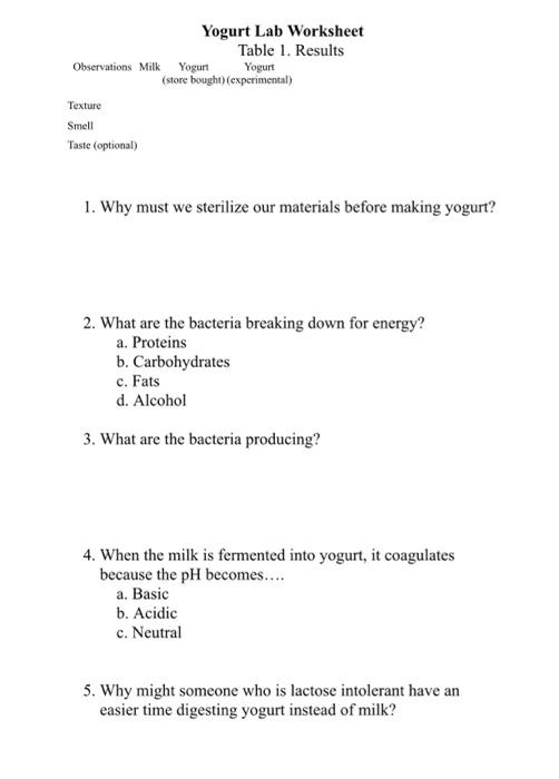 Solved Yogurt Lab Experimental Procedure Materials Yogurt