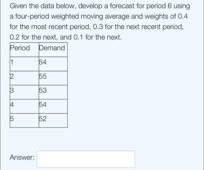 Solved Given the data below, develop a forecast for period 6 | Chegg.com