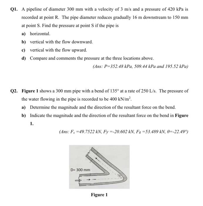Solved Q1. A pipeline of diameter 300 mm with a velocity of | Chegg.com