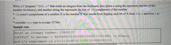 Solved Write a C program "d2b.c" that reads an integers from | Chegg.com