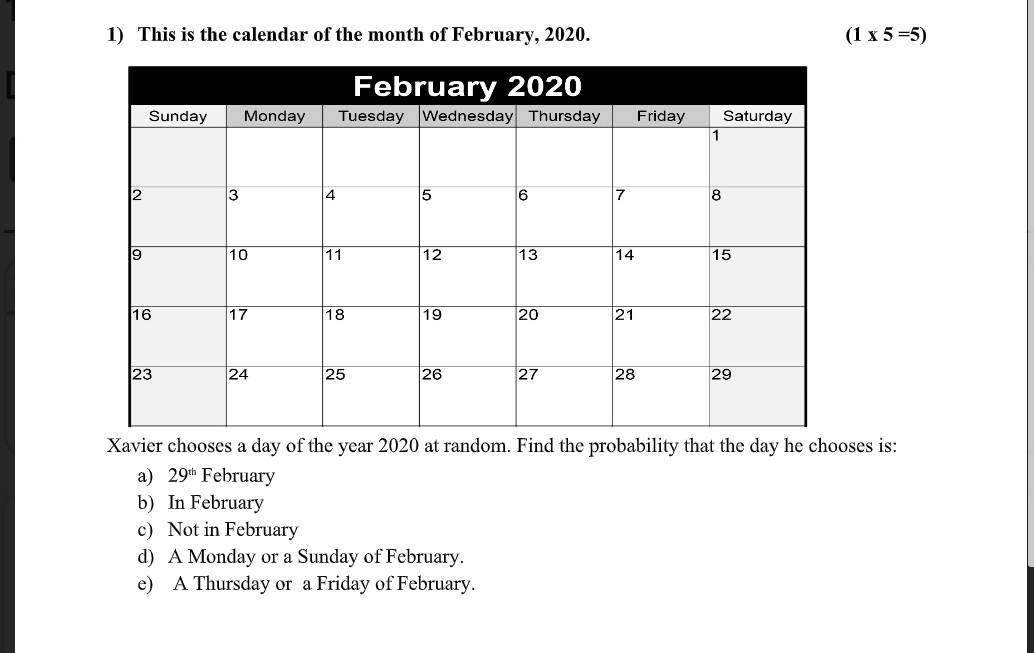 Solved 1) This is the calendar of the month of February, | Chegg.com