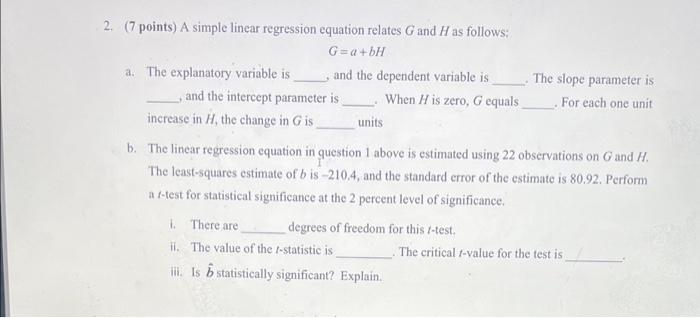 Solved 2. (7 points) A simple linear regression equation | Chegg.com