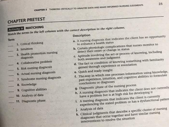 25 CHAPTERS THINKING CRITICALLY TO ANALYZE DATA AND MAKE INFORMED NURSING JUDGMENTS CHAPTER PRETEST Activity A MATCHING Match