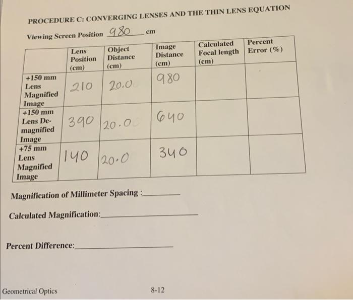 PROCEDURE C: CONVERGING LENSES AND THE THIN LENS EQUATION
Viewine Screen Position \( 980 \mathrm{~cm} \)
Magnification of Mil