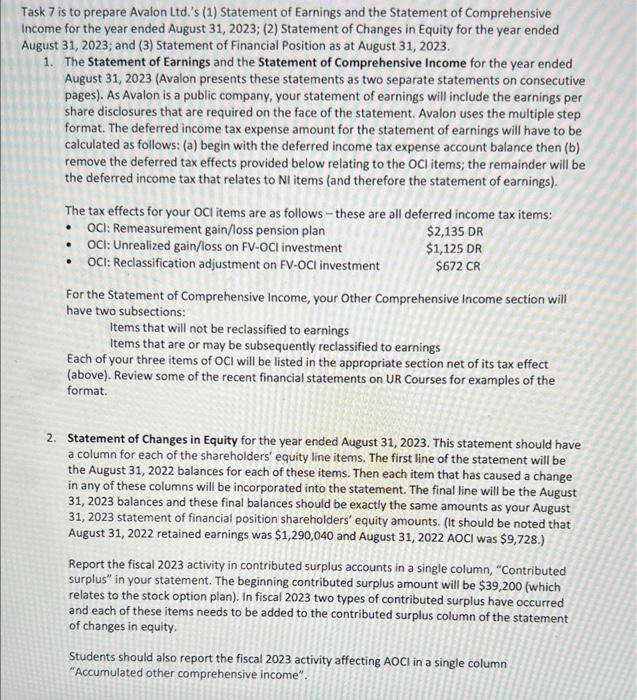 Solved Task 7 is to prepare Avalon Ltd.'s (1) Statement of | Chegg.com