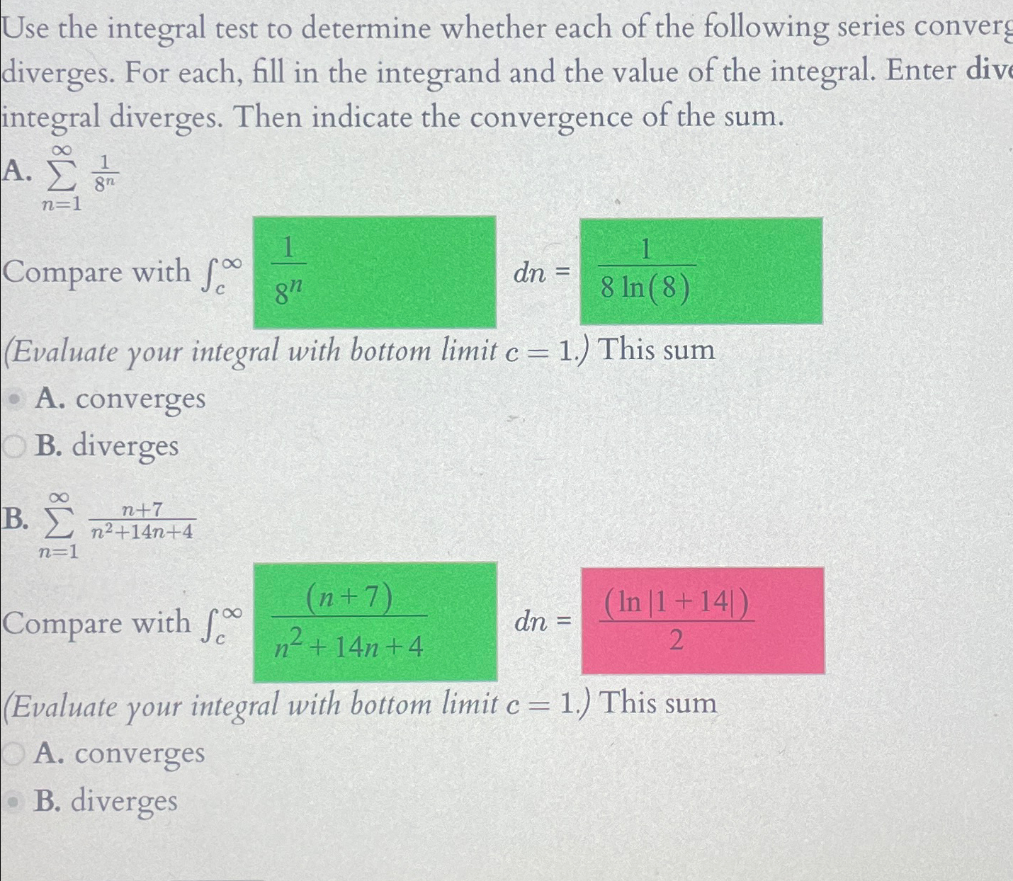 Solved Use the integral test to determine whether each of | Chegg.com