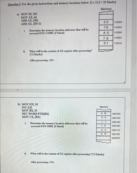 Solved Question 5: For the given instructions and memory | Chegg.com