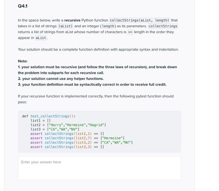 Solved Q4.1 In the space below, write a recursive Python | Chegg.com