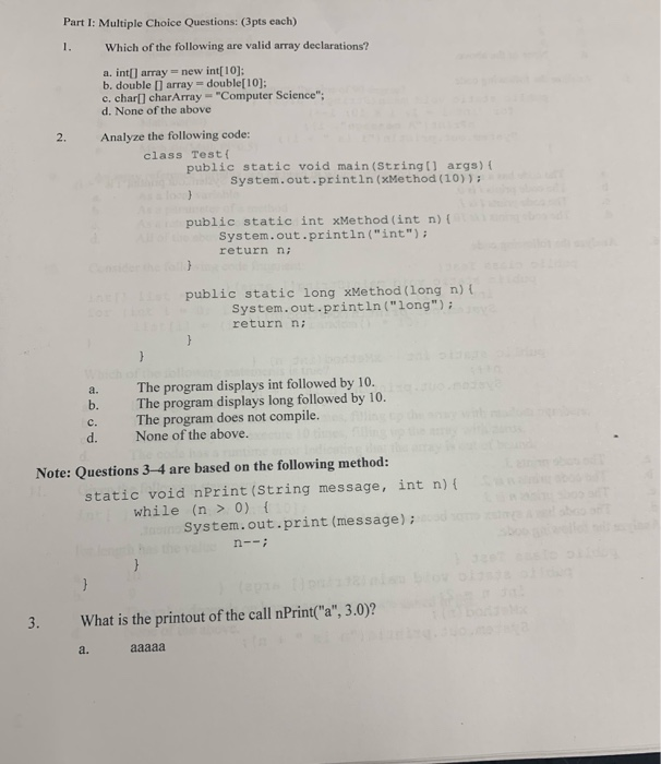 Solved Part 1: Multiple Choice Questions: (3pts each) Which | Chegg.com
