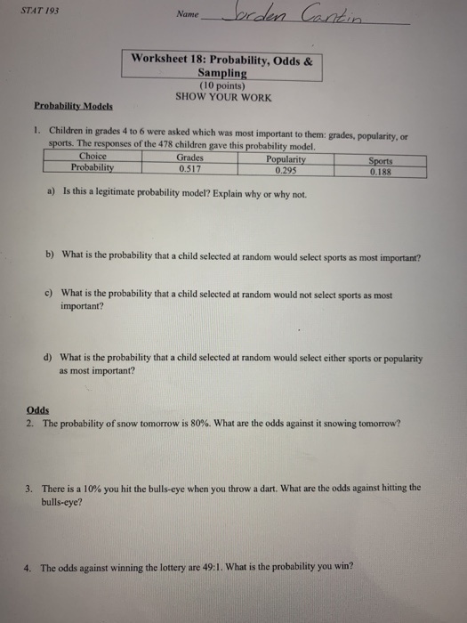 Solved Stat 193 Name Jorden Cantin Worksheet 18 Probabil Chegg Com