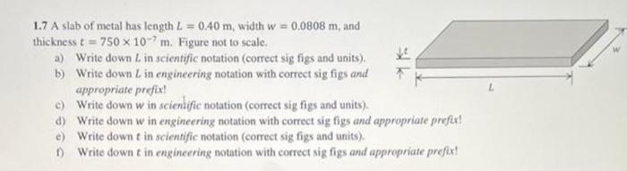 Solved 1.7 A slab of metal has length L = 0.40 m, width w = | Chegg.com