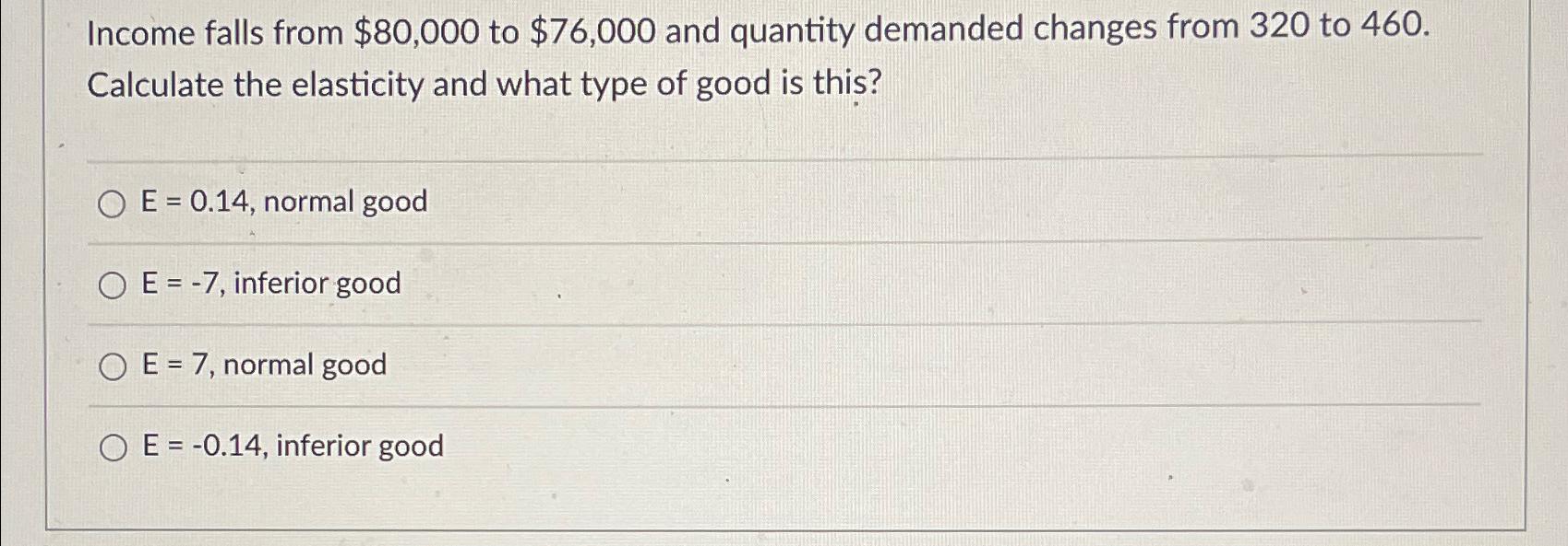 Solved Income falls from $80,000 ﻿to $76,000 ﻿and quantity | Chegg.com