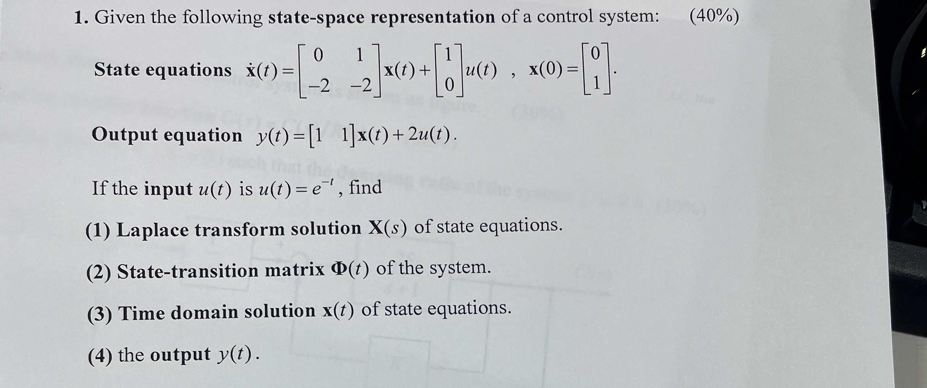 Solved Given the following state-space representation of a | Chegg.com