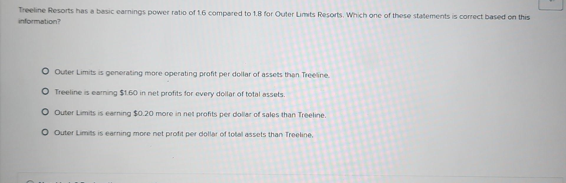 Solved Treeline Resorts Has A Basic Earnings Power Ratio Of Chegg Solved treeline resorts has a basic earnings power ratio of chegg