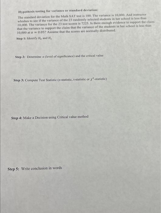 hypothesis testing for variance and standard deviation