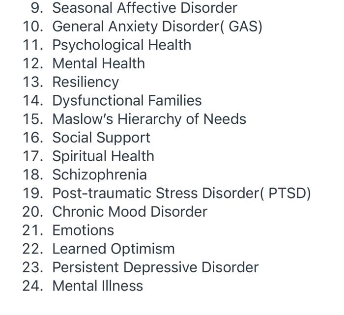 9. Seasonal Affective Disorder 10. General Anxiety Disorder( GAS) 11. Psychological Health 12. Mental Health 13. Resiliency 1