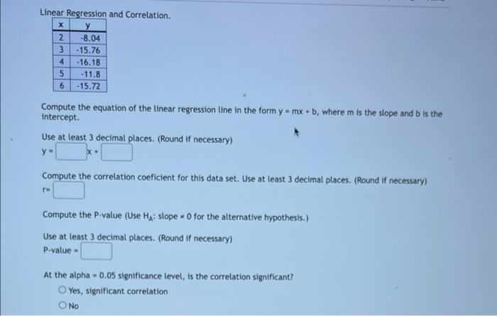 Solved Linear Regression And Correlation. х у 2 -8.04 3 | Chegg.com