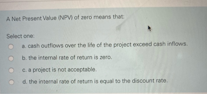 Solved A Net Present Value (NPV) of zero means that: Select | Chegg.com