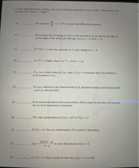 Solved 1 [1 point each) Determine whether each of the | Chegg.com