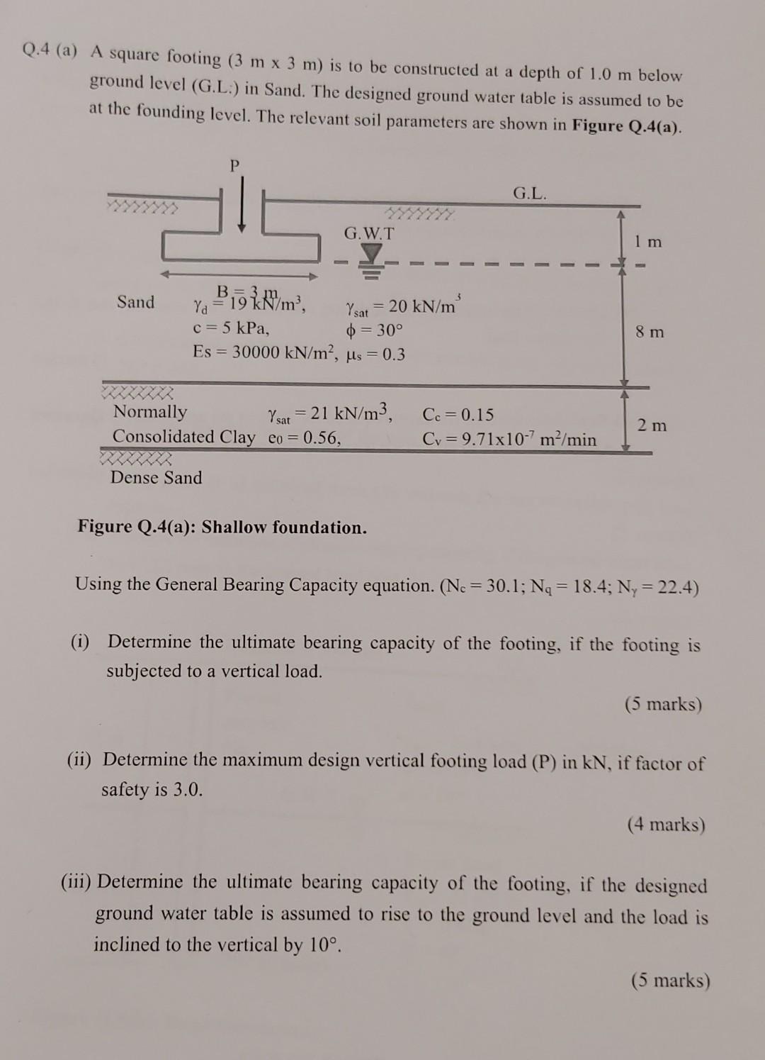 Solved Using the General Bearing Capacity equation. (Ne=