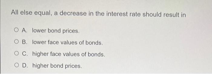 Solved All else equal, a decrease in the interest rate | Chegg.com