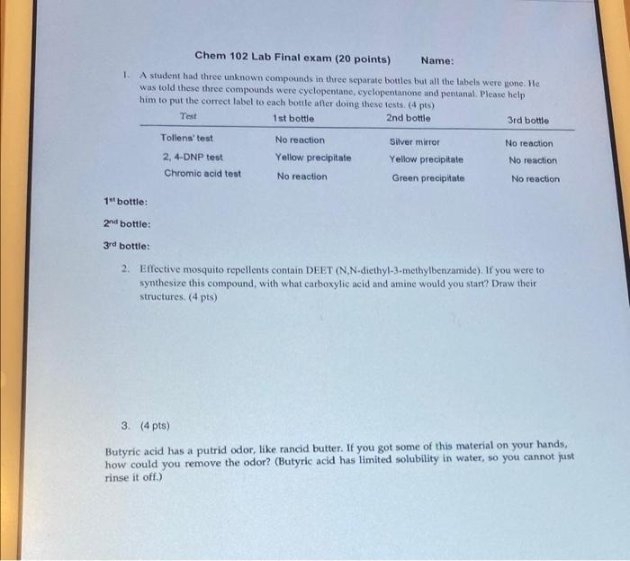 Solved Chem 102 Lab Final exam (20 points) Name: 1. A | Chegg.com
