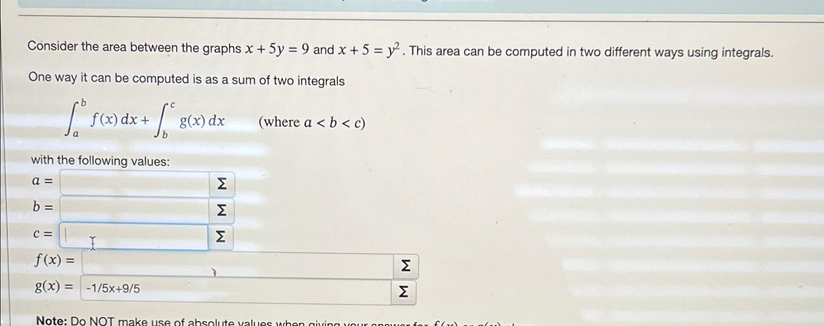 Solved Consider the area between the graphs x+5y=9 ﻿and | Chegg.com