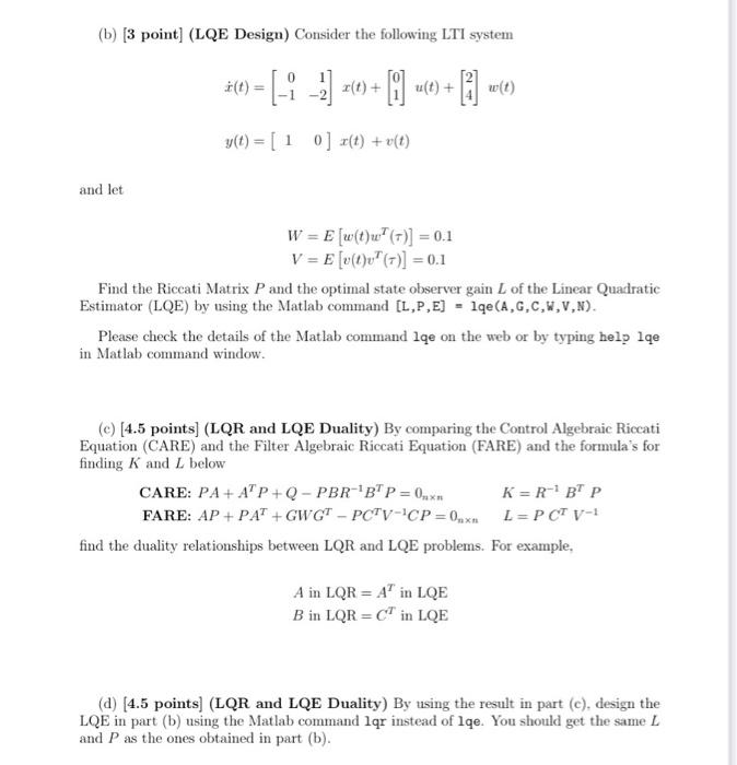 B 3 Point Lqe Design Consider The Following Chegg Com