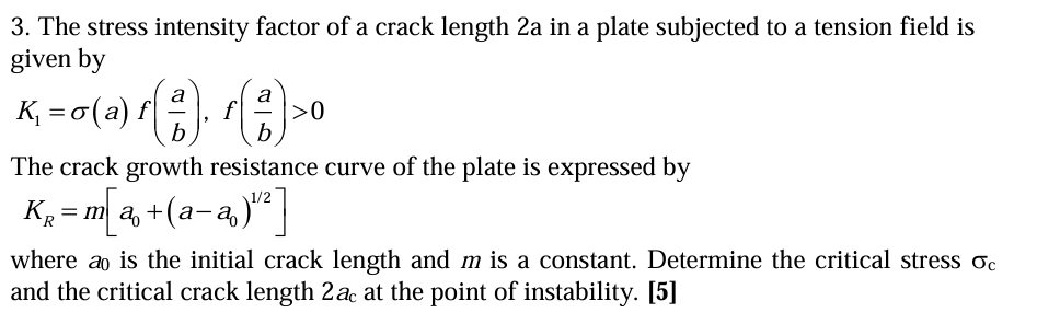 Solved The stress intensity factor of ﻿a crack length 2 a in | Chegg.com