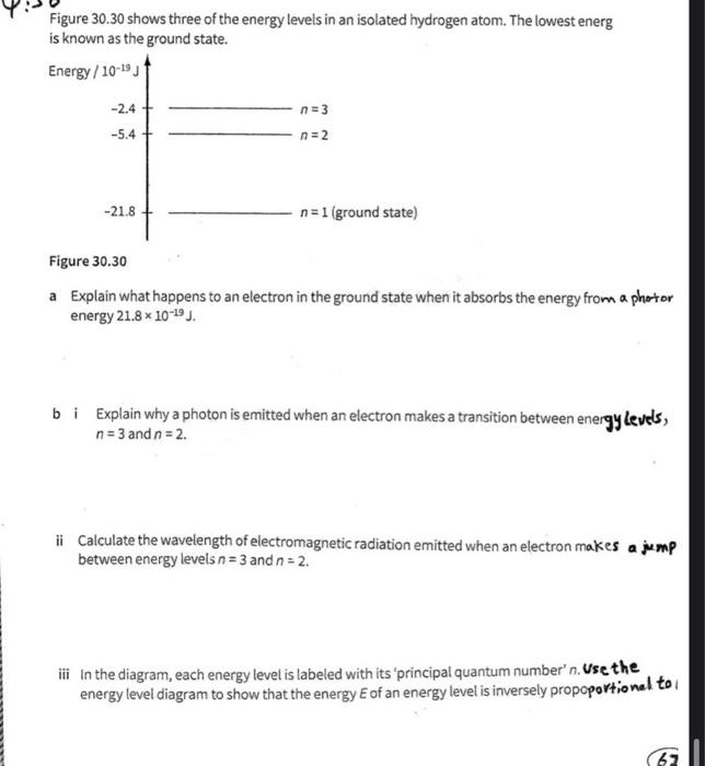 Solved Figure 30.30 shows three of the energy levels in an | Chegg.com