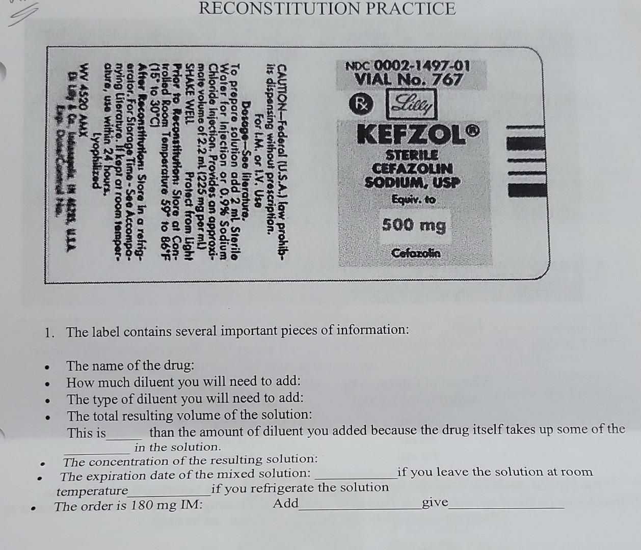 Solved RECONSTITUTION PRACTICE 1. The label contains several | Chegg.com
