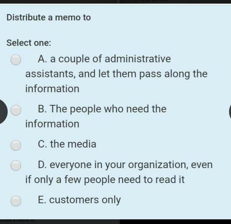 Solved Distribute a memo to Select one: A. a couple of | Chegg.com