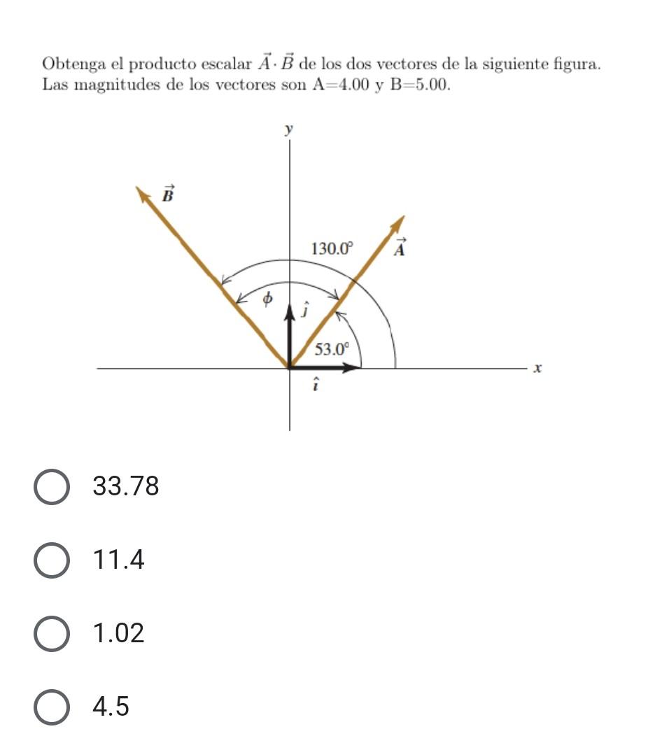 Obtenga el producto escalar \( \vec{A} \cdot \vec{B} \) de los dos vectores de la siguiente figura. Las magnitudes de los vec