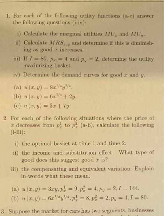 Solved 1. For each of the following utility functions (a-c) | Chegg.com