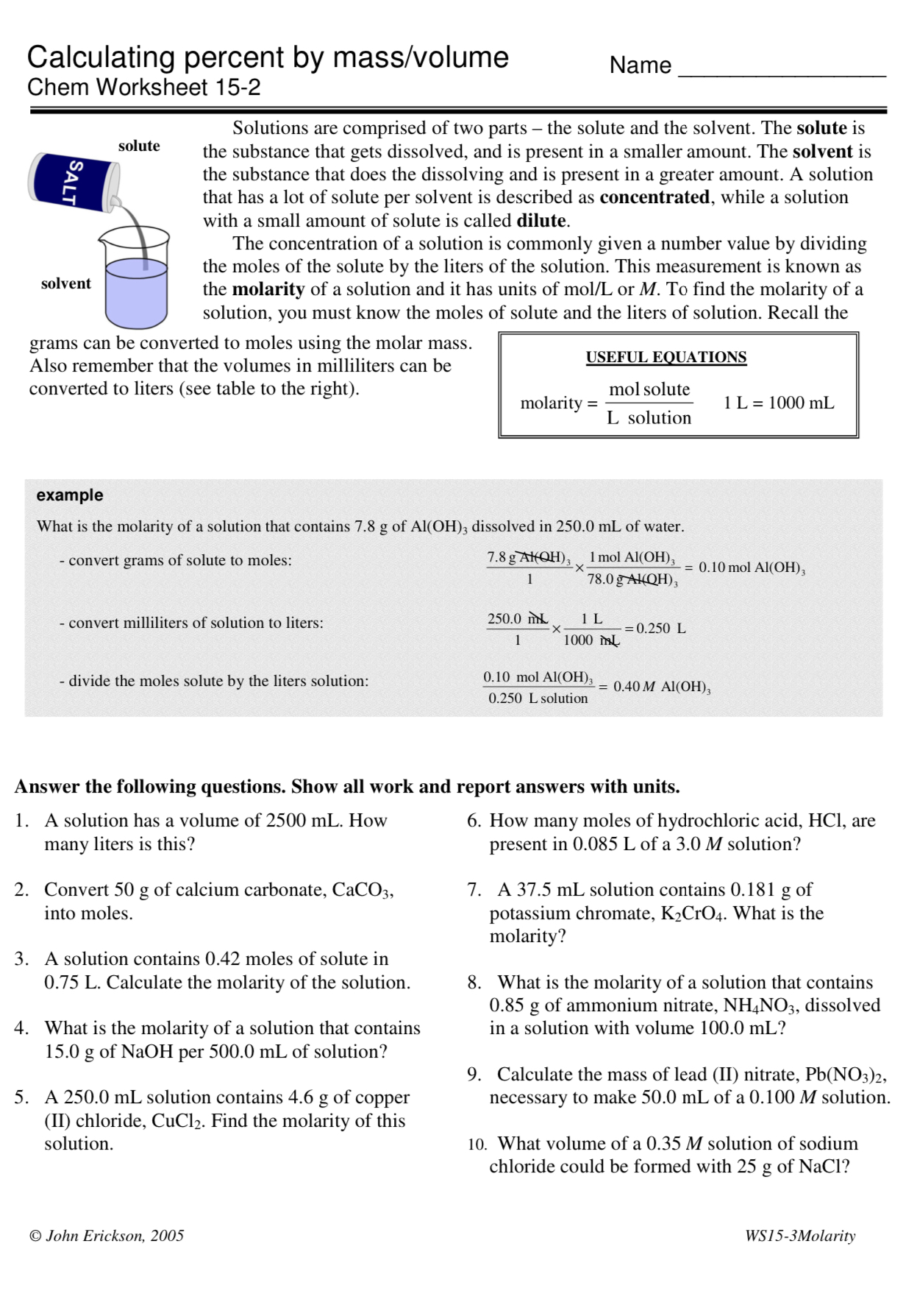 Solved Calculating percent by mass/volumeNameChem Worksheet | Chegg.com