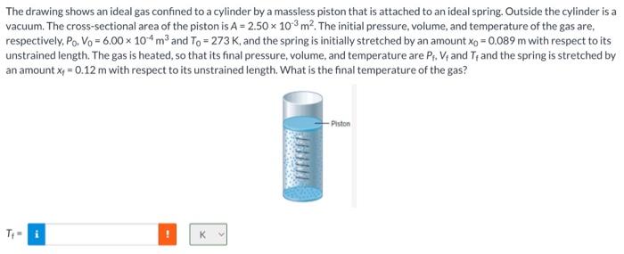 The drawing shows an ideal gas confined to a cylinder by a massless piston that is attached to an ideal spring. Outside the c