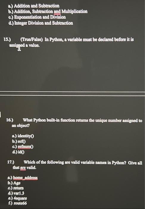 Solved A.) Addition And Subtraction B.) Addition, | Chegg.com