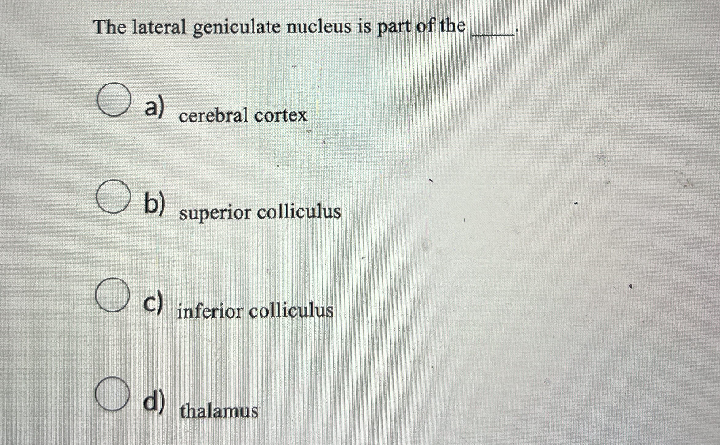 Solved The lateral geniculate nucleus is part of thea) | Chegg.com