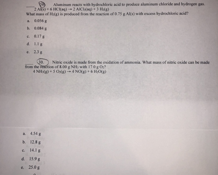 Solved 19) Aluminum reacts with hydrochloric acid to produce