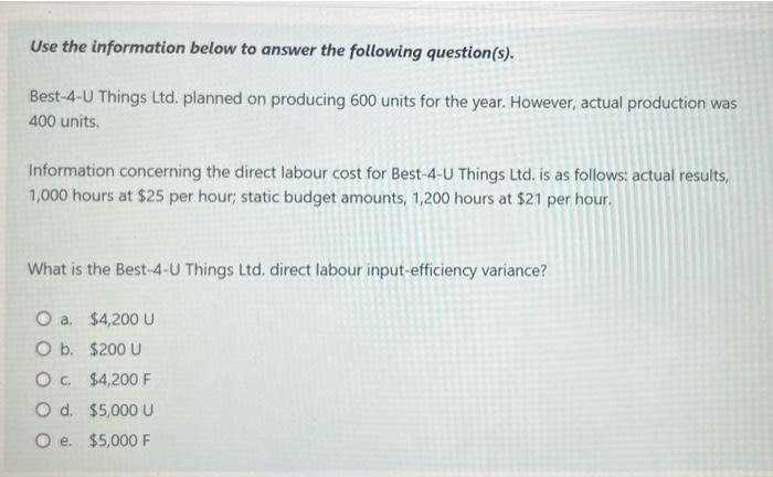Solved Use the information below to answer the following | Chegg.com