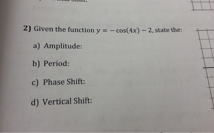 Solved UU UL. 2) Given the function y = - cos(4x) - 2, state | Chegg.com